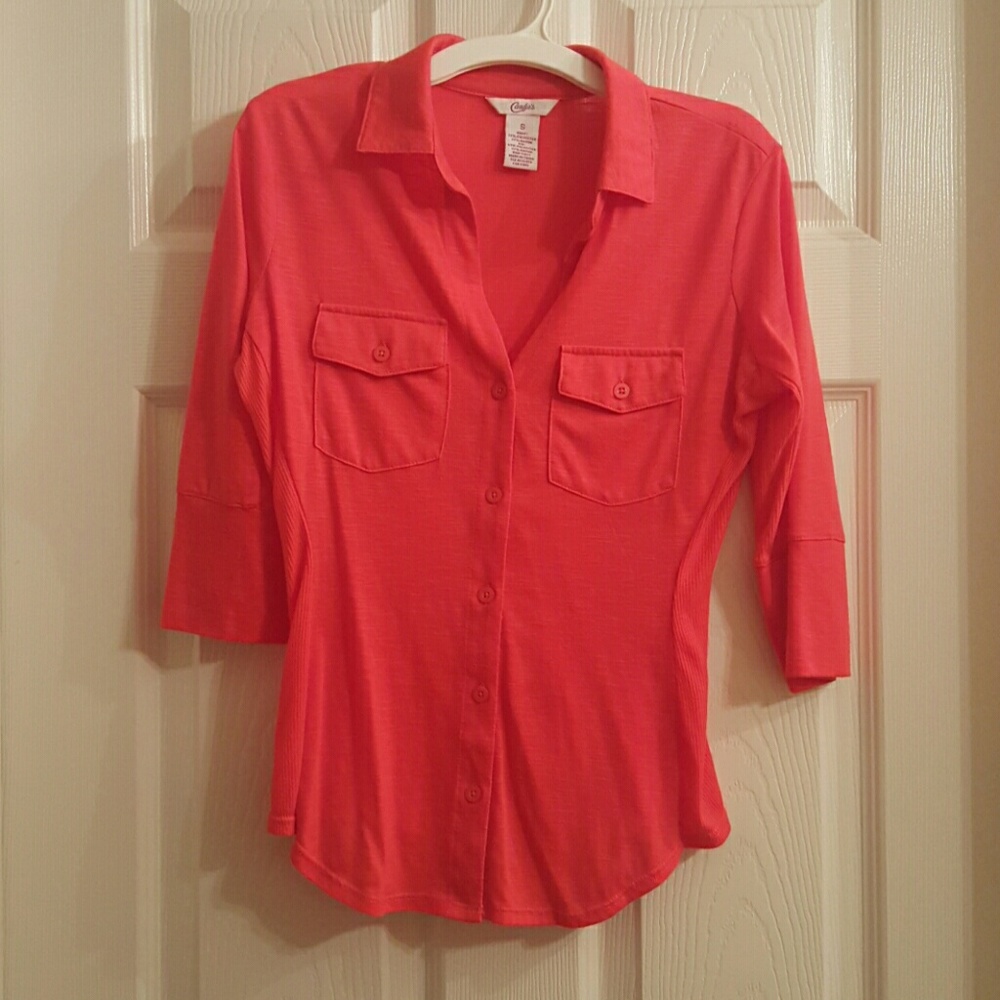 Orange/coral button-down top